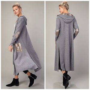 Longline Sequined Gray Hooded Cardigan!